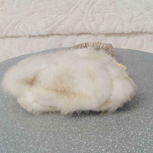 White Faux Fur Purse Drawstring Top Small Bag Satin Lined Rigid Handle Holiday - Picture 7 of 8